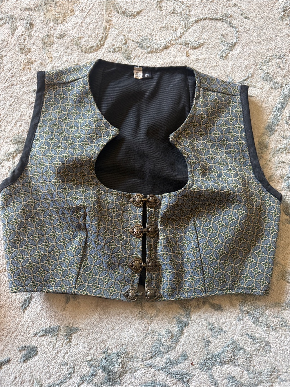 Cropped Patterned Vest with Decorative Clasps - Blue & Black